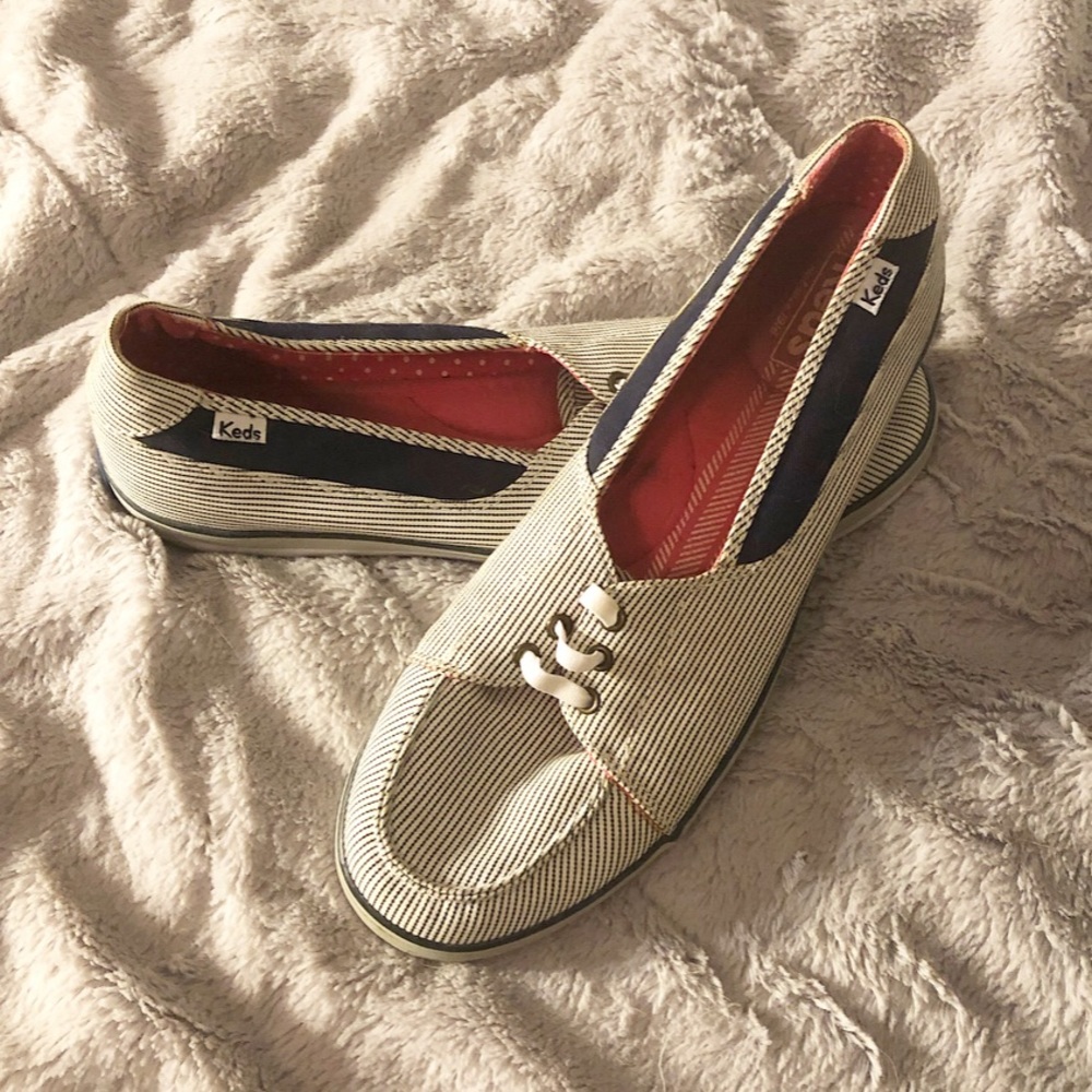 Navy and white striped slip ons, Keds size 10